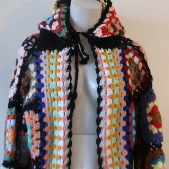 NWT Womens Tina Demel Multicolor Hood Granny Square Crochet Cardigan Sweater M/L - Picture 2 of 13